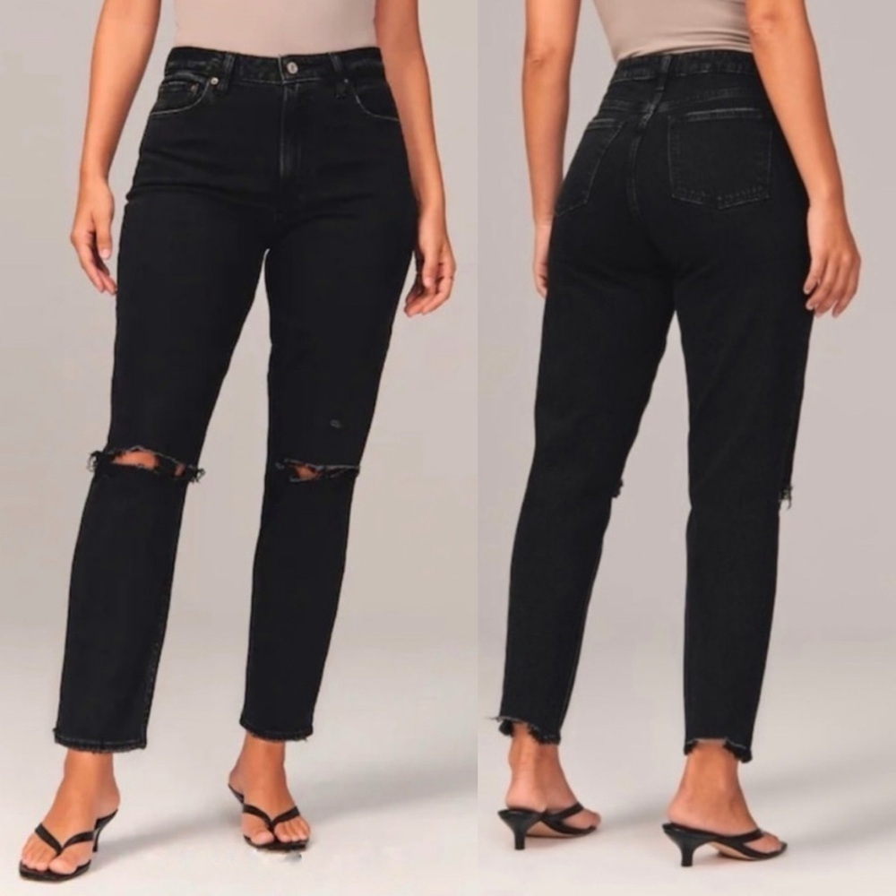 A+F Curve Love The Mom High Rise Black Distressed Straight Leg Jeans